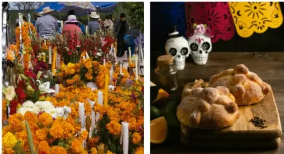 Ofrenda del Día de Muertos con flores de cempasúchil, velas y pan de muerto; a la derecha, calaveras de azúcar y papel picado.