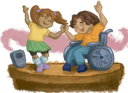 Ilustración de una niña de pie y un niño en silla de ruedas jugando y chocando las manos sobre una plataforma, junto a una grabadora. Crédito: Daniela Estrello Montero y Citlali González Tapia, Ciudad de México.