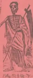 Calavera con capa y bastón, de pie junto a una lápida.