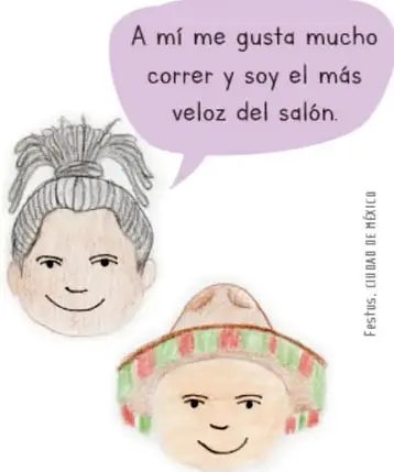 Rostros de niños con globos de pensamiento; uno afirma: 'Me comunico correctamente y respeto las opiniones de mis compañeras y compañeros, maestras, maestros y familia.'