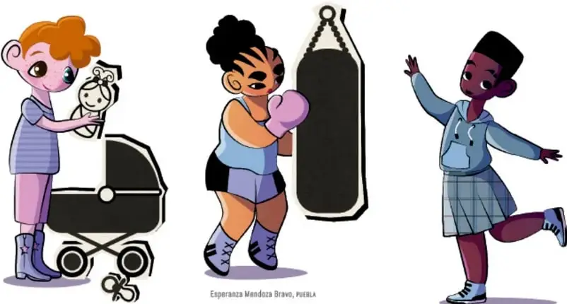 Ilustración de tres estudiantes: uno con un bebé y carriola, una niña boxeando y un niño bailando, que representan la ruptura de estereotipos de género. Crédito: Esperanza Mendoza Bravo, Puebla.