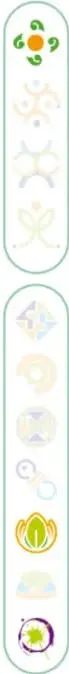 Columna decorativa con iconos que representan diferentes tipos de contaminación y elementos ambientales.