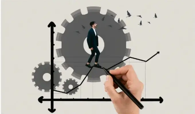 Ilustración de un hombre de negocios caminando sobre una gráfica ascendente con engranajes al fondo, representando la mejora continua y la innovación en procesos técnicos.