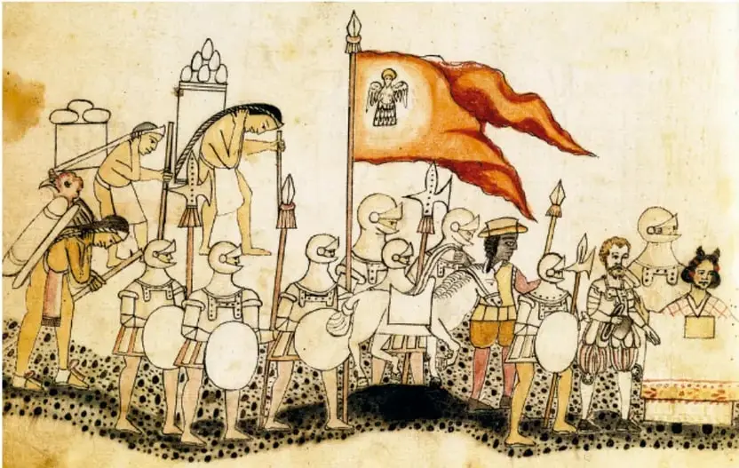 Ilustración del Códice Florentino o similar que muestra a guerreros mexicas y españoles con armas, escudos, estandartes y una mujer que podría ser Malintzin.