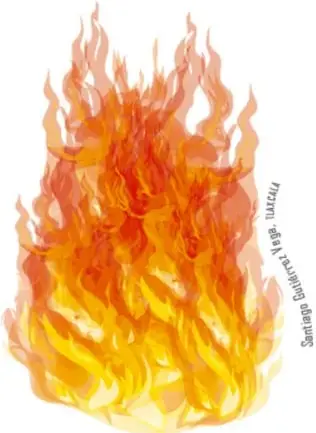 Gran fuego con llamas amarillas, naranjas y rojas, que representa el fuego sagrado encendido por Huehuetéotl.