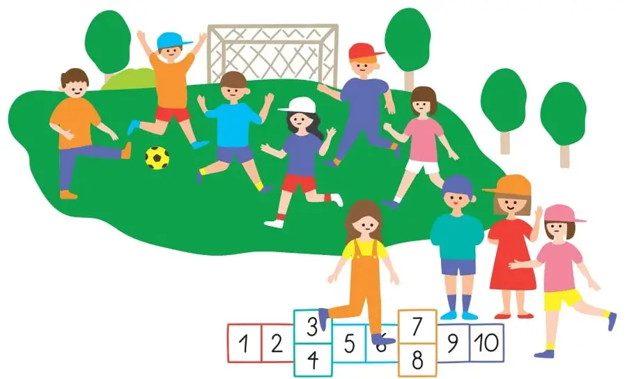Ilustración de un parque con pasto verde, árboles y un arco de fútbol al fondo. Varios niños y niñas juegan y corren con un balón. En primer plano, cinco cajas de colores (roja, celeste, azul, naranja y morada) contienen los números del 1 al 10 ordenados consecutivamente.