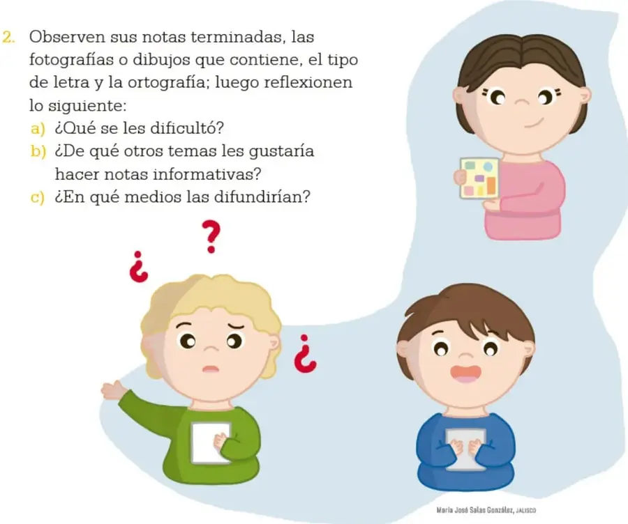 Ilustración de tres estudiantes: una niña con una nota informativa, un niño pensativo con signos de interrogación y otro niño leyendo un papel.
