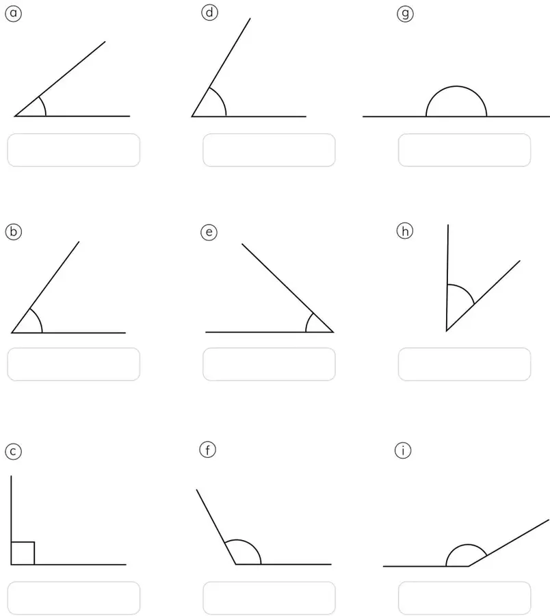 Nueve ángulos dibujados en una cuadrícula 3x3, rotulados a, b, c, d, e, f, g, h, i, cada uno con un recuadro en blanco debajo para anotar su medida.