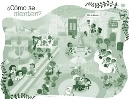 Miniatura del recurso '¿Cómo se sienten?': escena ilustrada en verdes de un paseo/exposición al aire libre con esculturas (incluido un alebrije), personas observando y una niña usuaria de muletas.
