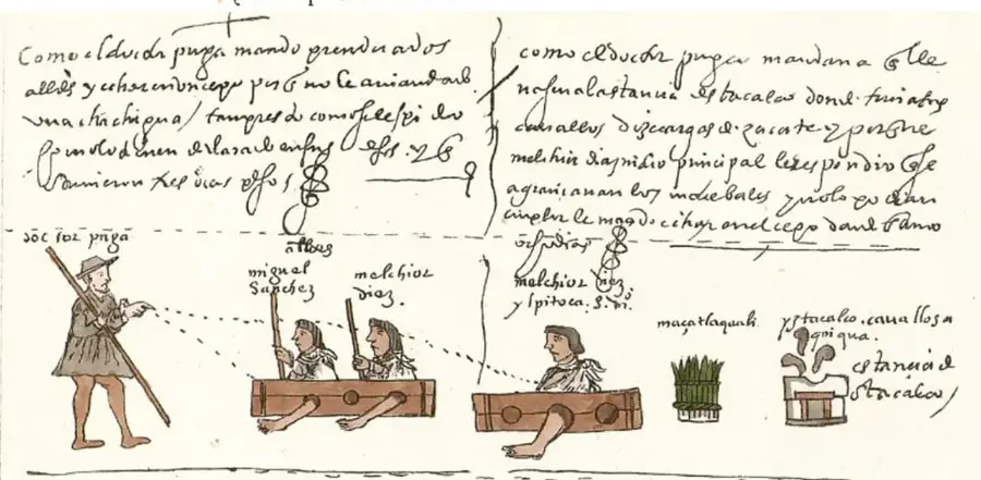 Reproducción de una lámina de códice colonial con texto en castellano antiguo arriba, y abajo figuras dibujadas: un fraile o sacerdote con arma frente a tres indígenas amarrados en troncos, además de glifos de tributo: códices (tira pintada), penca de maguey, mazorcas de maíz y olla con atole.