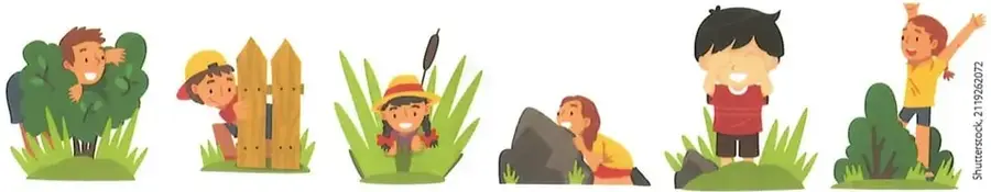 Secuencia de varios niños que se esconden y un niño de pie que representa al buscador.