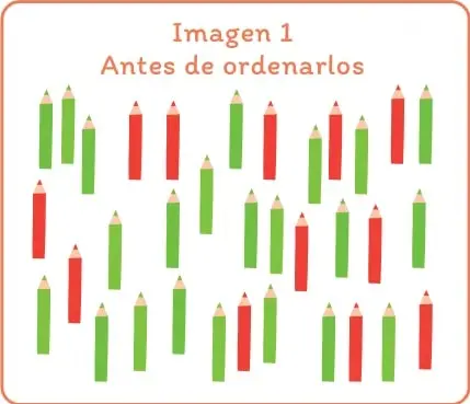 Imagen 1 – Antes de ordenarlos: numerosos lápices de color rojo y verde dibujados en distintas direcciones, sin agrupación.