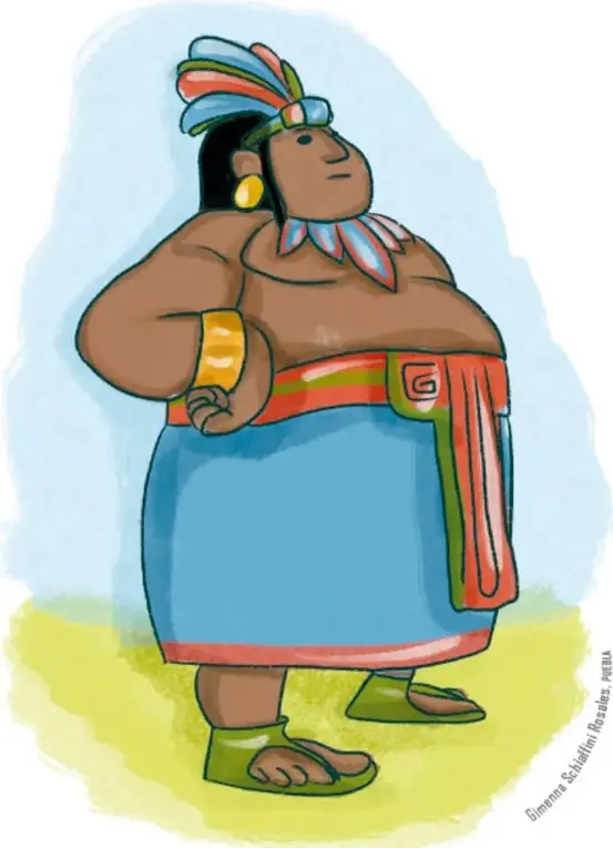 Retrato del poderoso señor de Uxmal: hombre robusto con tocado de plumas rojas y azules, aretes de oro, collar de plumas, faja roja con adorno y falda azul, con las manos en la cadera y mirada adusta.