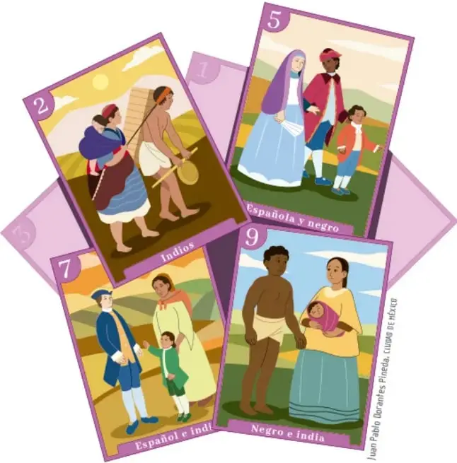Cartas ilustradas del juego tradicional “Lotería” de fondo rosa, con los números 1, 2, 5, 7 y 9 y las etiquetas “Indios”, “Española y negro”, “Español e indio” y “Negro e india”, representando la diversidad cultural; crédito a Juan Pablo Dueñas Prieto, Gobierno de México.
