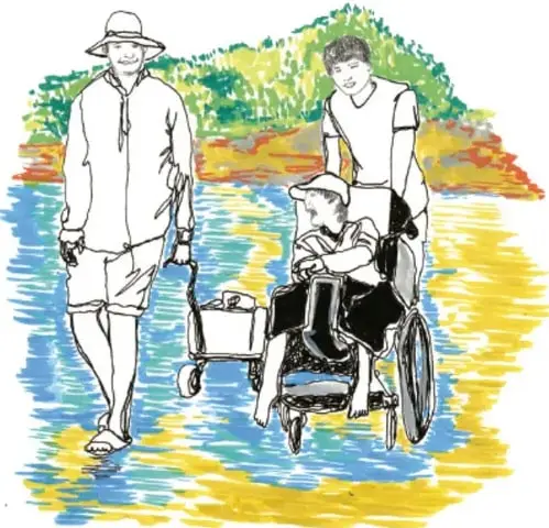 Ilustración de una familia paseando por la orilla del mar: una persona adulta, otra empujando a una niña en silla de ruedas y un pequeño carrito; firma de Liliana Edith Hernández Ramales, Ciudad de México.