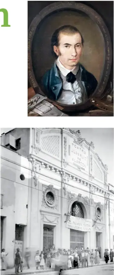 Fotografía antigua en blanco y negro de la fachada del Teatro Alarcón (Teatro Juan Ruiz de Alarcón): edificio con portada de cantera, arcos y una multitud de personas frente a él.