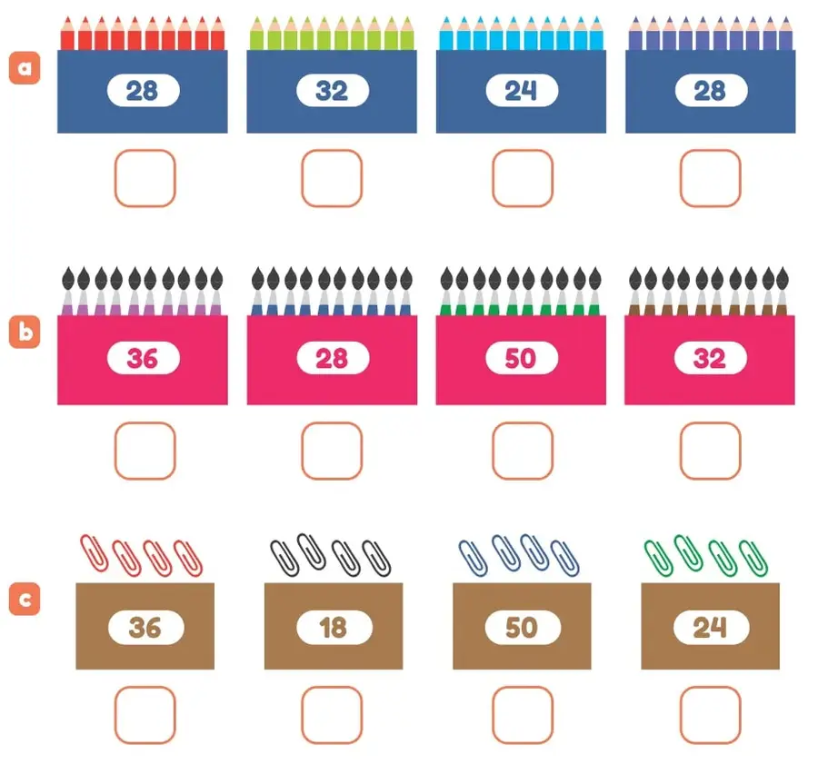 Cuatro grupos de lápices de colores con etiquetas 28, 32, 24 y 28; casilleros para marcar.