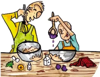 Ilustración de dos personas cocinando: una batea una mezcla y otra vierte un ingrediente.