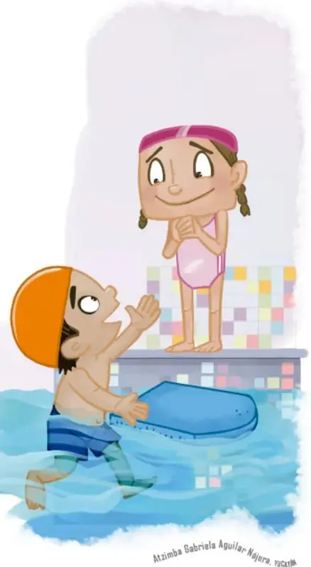 Ilustración de una alberca: una niña con gorro rosa está parada en el borde con los brazos cruzados y una sonrisa tímida, mientras un niño con gorro naranja y traje de baño azul avanza en el agua hacia una patineta de flotación azul; al fondo hay baldosas de colores pastel.