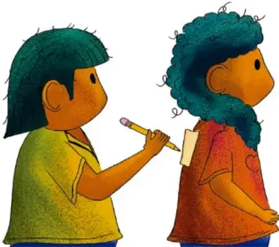 Ilustración de dos niños: uno escribe con un lápiz en una hoja pegada en la espalda del otro.