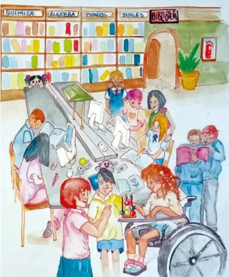 Ilustración de una biblioteca escolar (María de Guadalupe García, Estado de México): estanterías con materias (Química, Álgebra, Español, Español, Biblioteca), niños leyendo, trabajando en computadoras y una estudiante en silla de ruedas participando en la actividad.