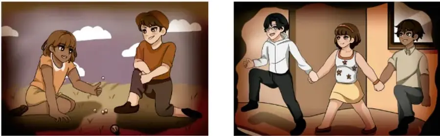 Ilustración de dos niños jugando en el suelo con piedras pequeñas, al aire libre.