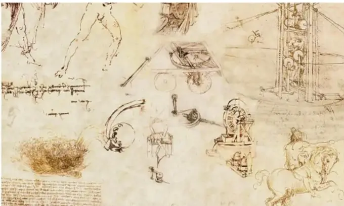 Bocetos renacentistas de Leonardo da Vinci con máquinas, instrumentos, animales y notas manuscritas.