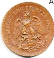 Moneda de cobre con el escudo nacional (águila sobre nopal) y la leyenda 'Estados Unidos Mexicanos'.