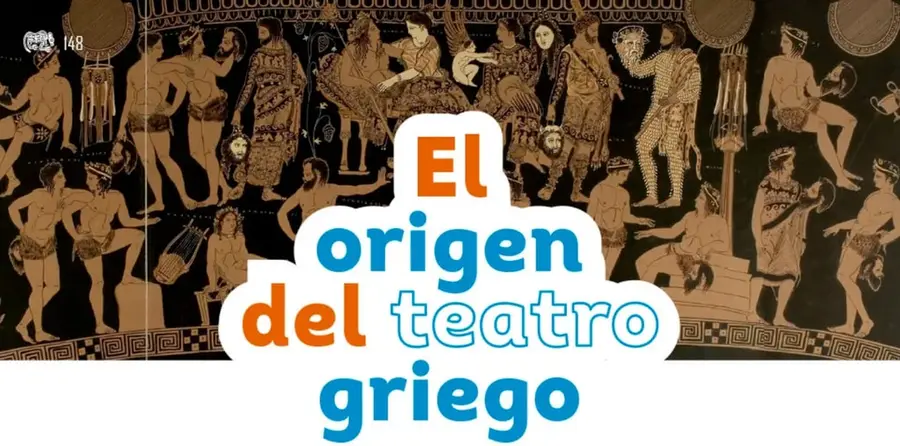 Ilustración de una cerámica griega de figuras negras sobre fondo ocre: aparecen sátiros, músicos con lira y figuras danzantes alrededor de un altar, representando una fiesta dionisiaca.
