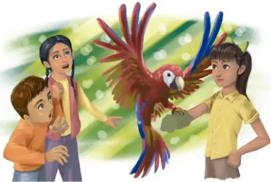 Ilustración de tres niños observando a un ave roja y azul posada sobre una rama, en un ambiente natural.