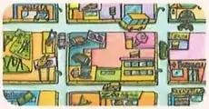 Pequeña ilustración de una localidad con calles, viviendas y lugares que pueden servir como referencias.