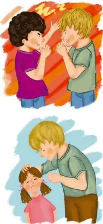 Ilustración de dos niños discutiendo; uno empuja al otro.