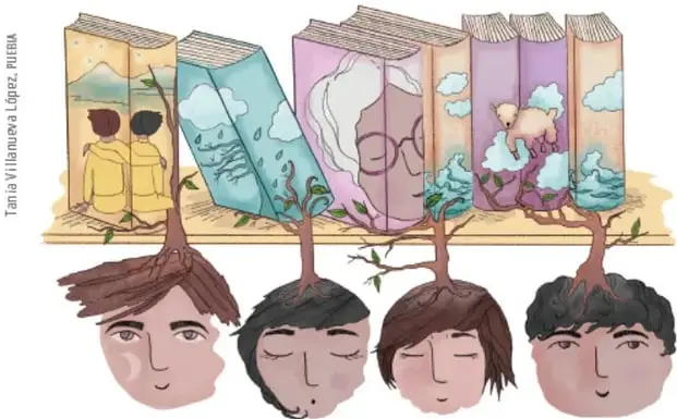 Ilustración artística de cuatro rostros de niños y niñas de los que crecen árboles cuyas copas se transforman en libros con escenas de convivencia; créditos a Tania Villanueva López, PUEBLA.