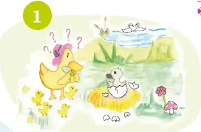 Ilustración de una mamá pato con sus crías en un estanque, representando el inicio de la narración.