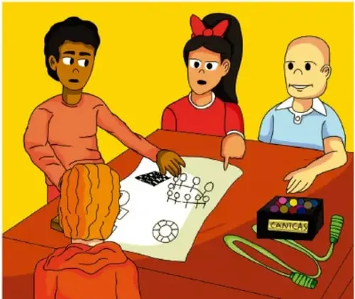 Dibujo de cuatro niños reunidos alrededor de una mesa roja con un plano o dibujo de juegos, una caja rotulada CANICAS y una cuerda: planean los recursos de la Jornada de juegos populares. Crédito: Oscar Felipe Arellano Valls, Guerrero.