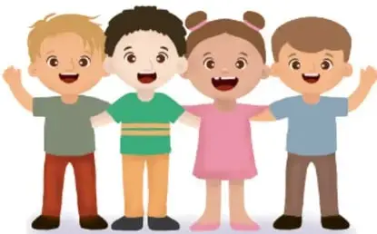 Ilustración de cuatro niños y niñas sonriendo y levantando los brazos, con crédito 'María José Salas González, Jalisco'.