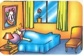 Ilustración de un dormitorio con una cama, una mesa de noche, una lámpara, una silla y una ventana.