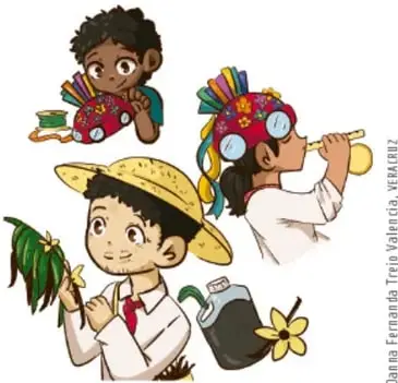 Ilustración de tres niños representando elementos de su comunidad (música, artesanías, penacho)