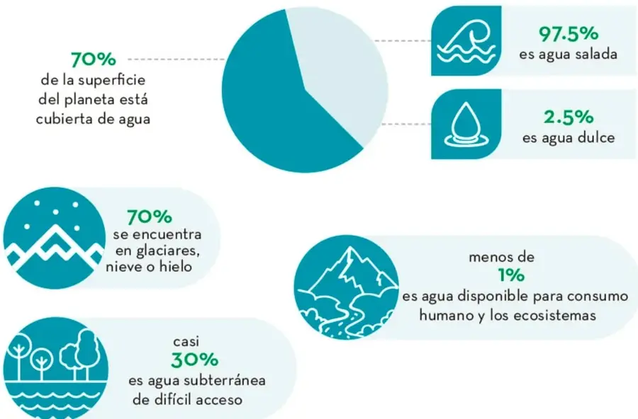 Gráfica circular que muestra la distribución del agua: 97.5% salada y 2.5% dulce, con íconos de ola y gota.
