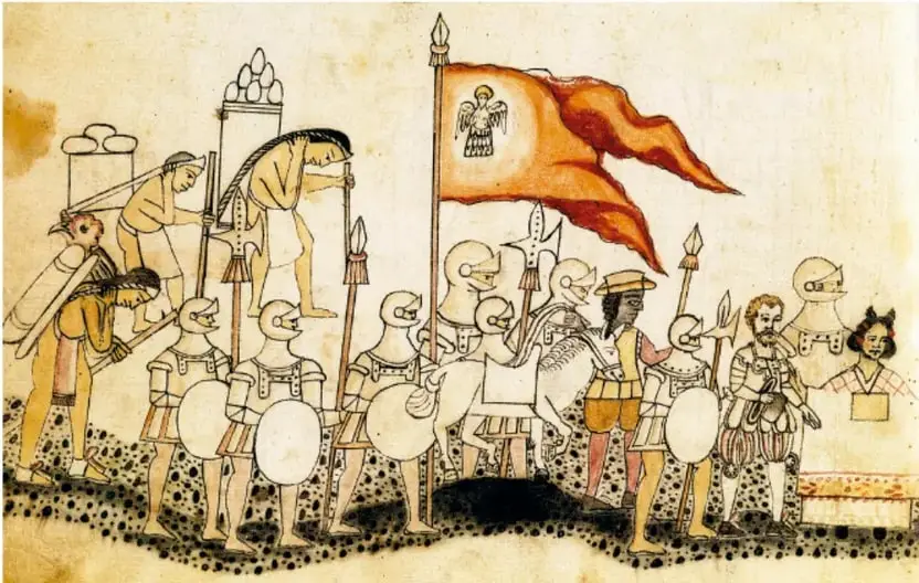 Ilustración estilo códice que muestra a guerreros mexicas y españoles con armas, escudos, estandartes y una figura femenina, representando el encuentro entre ambos grupos.