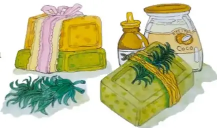 Ilustración de jabones artesanales con cinta, una botella de aceite y un frasco de aceite de coco, junto con hojas verdes. Crédito: Mariana Guzmán García, Estado de México.