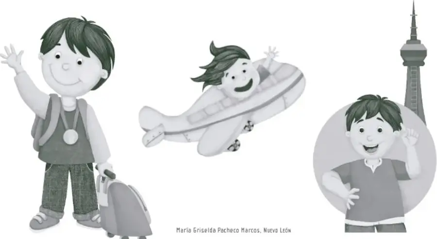 Ilustración de un niño con mochila y maleta saludando, una niña volando sobre un avión de papel y un niño frente a una torre alta, acompañados de la leyenda 'María Griselda Pacheco Marcos, Nuevo León'.
