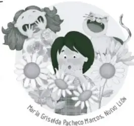 Ilustración circular de una niña rodeada de animales y flores, con texto 'Por Griselda Pacheco Marcos, Nuevo León'.