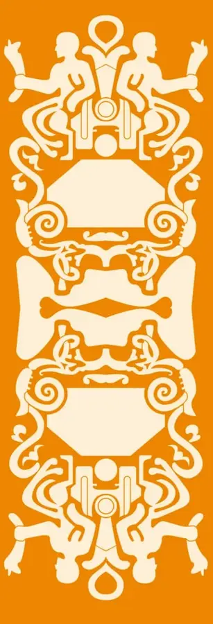 Ilustración decorativa de estilo prehispánico en tonos naranja y crema, con figuras humanas estilizadas simétricas enmarcando motivos geométricos y espirales.