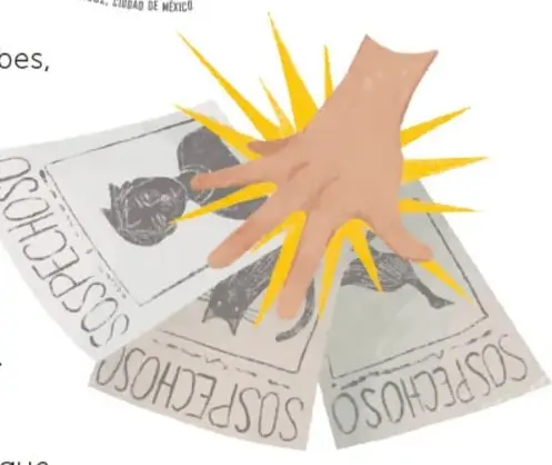 Una mano revuelca pósters o retratos hablados con la palabra 'SOSPECHOSO' escrita en grande, con destellos amarillos que indican movimiento.