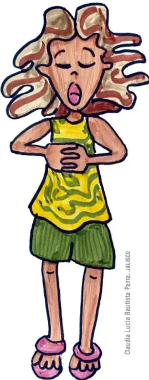 Ilustración de una niña con cabello rizado, playera amarilla, shorts verdes y sandalias rosas, con las manos en el pecho y ojos cerrados, como si cantara o expresara una emoción.