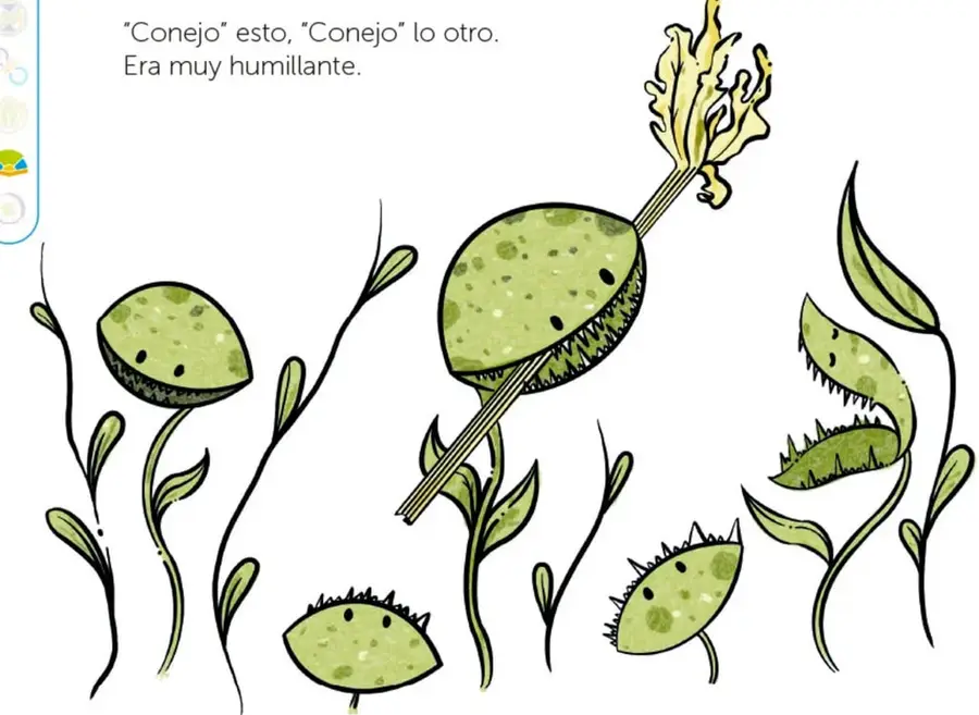 Ilustración de una planta carnívora tipo venus atrapamoscas colgando de una enredadera.