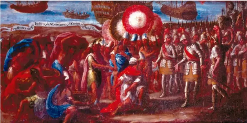 Pintura colonial que muestra el encuentro entre españoles y pueblos indígenas, con personajes ricamente ataviados, estandartes y un ambiente de batalla o recibimiento.