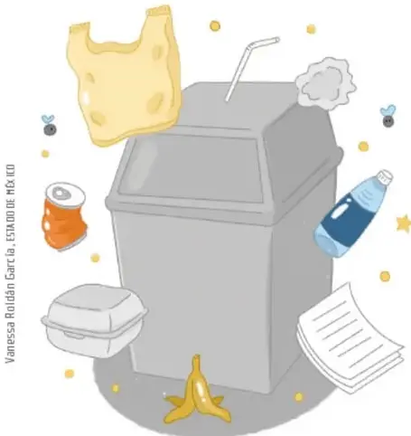 Ilustración de un contenedor de basura gris con residuos alrededor: bolsa plástica, botella, lata, envase de comida, cáscara de plátano, popote y papel, rodeado de moscas y puntos de color.