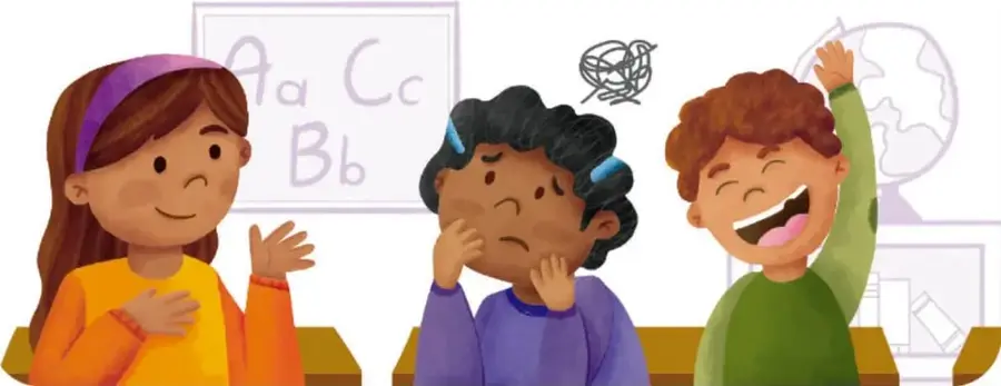 Ilustración de tres estudiantes en un salón: una niña con diadema morada, un niño pensativo y un niño levantando la mano, frente a un pizarrón con letras Aa, Bb, Cc.
